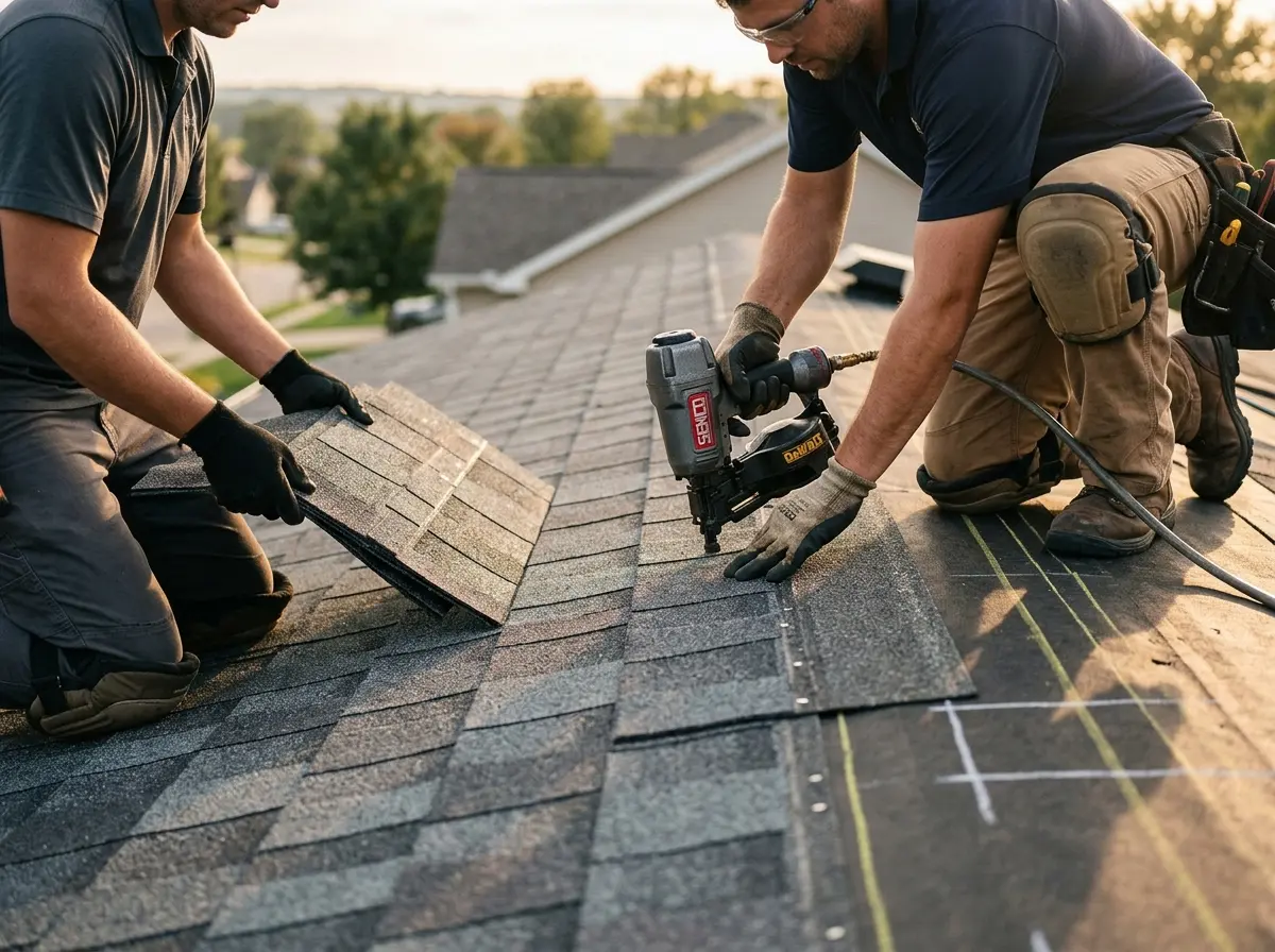 Professional roofer working on a residential roof in August
